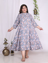 Plus Size Grey Floral Print Flared Long Kurta-400015